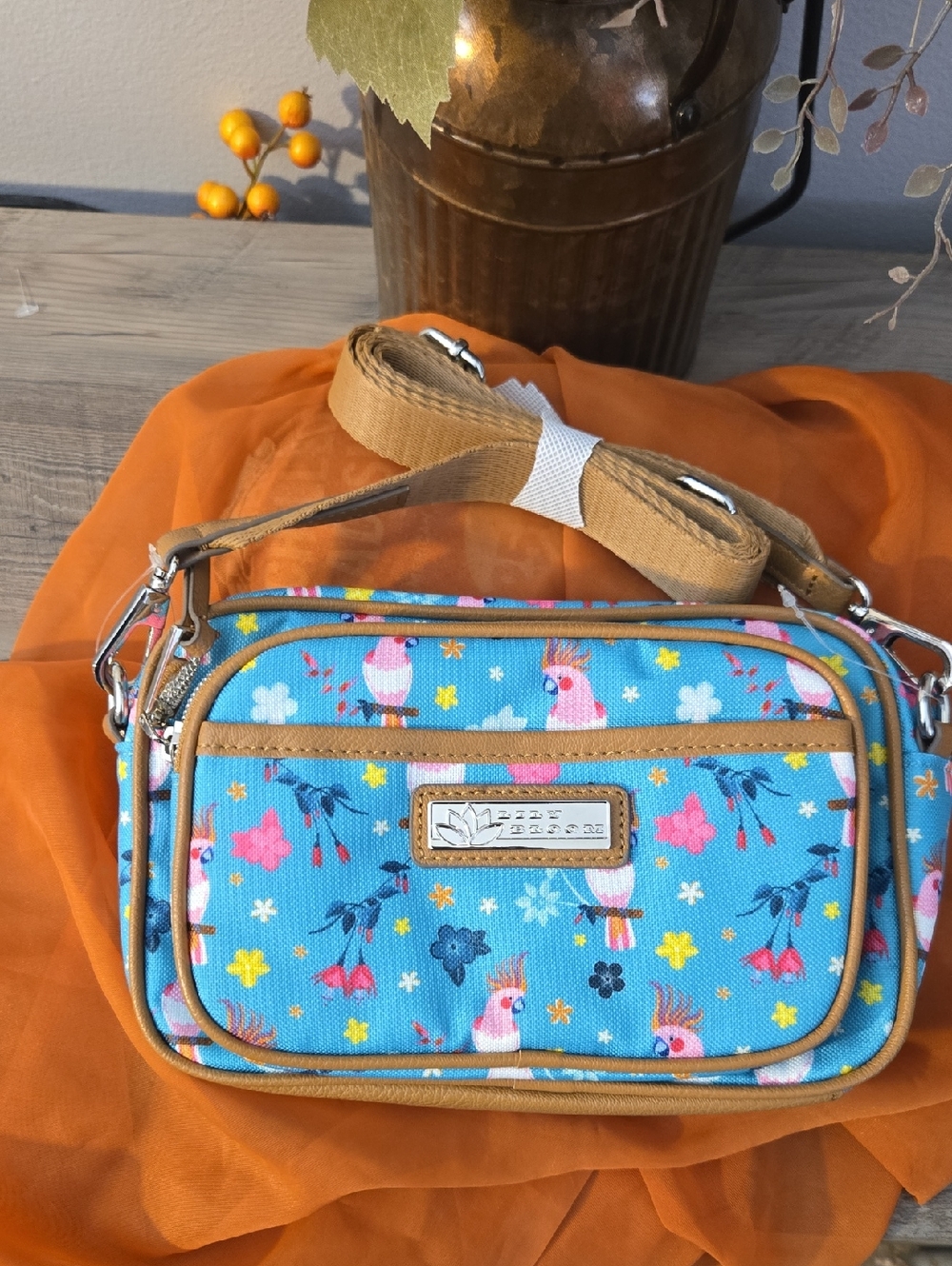 Lily Bloom Blue Tropical Bird Crossbody with Tan Trim